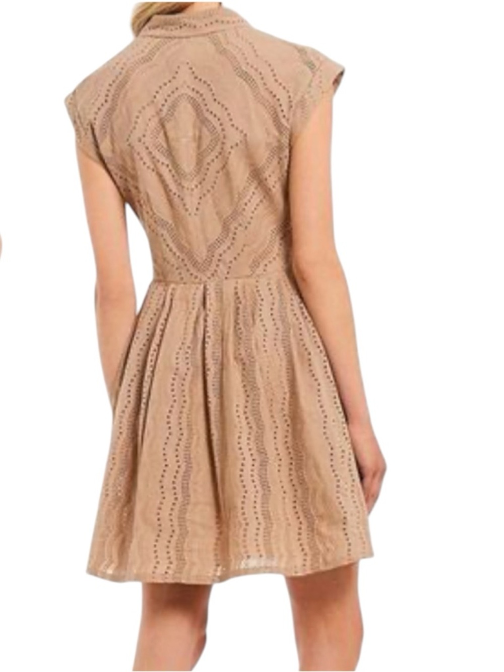 Embroidered Eyelet Front Button Mini Dress in Khaki - Picture 2 of 9
